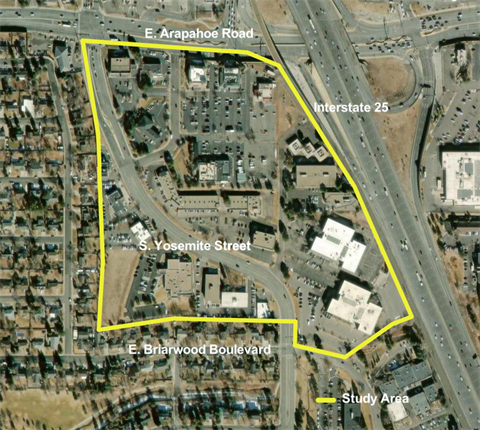 Map of AUC-4 area between I-25, E Arapahoe Rd, S Yosemite St and E Briarwood Blvd