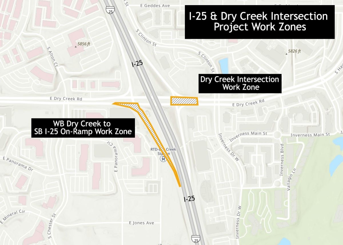 Map of I-25 and Dry Creek Intersection Project Work Zones