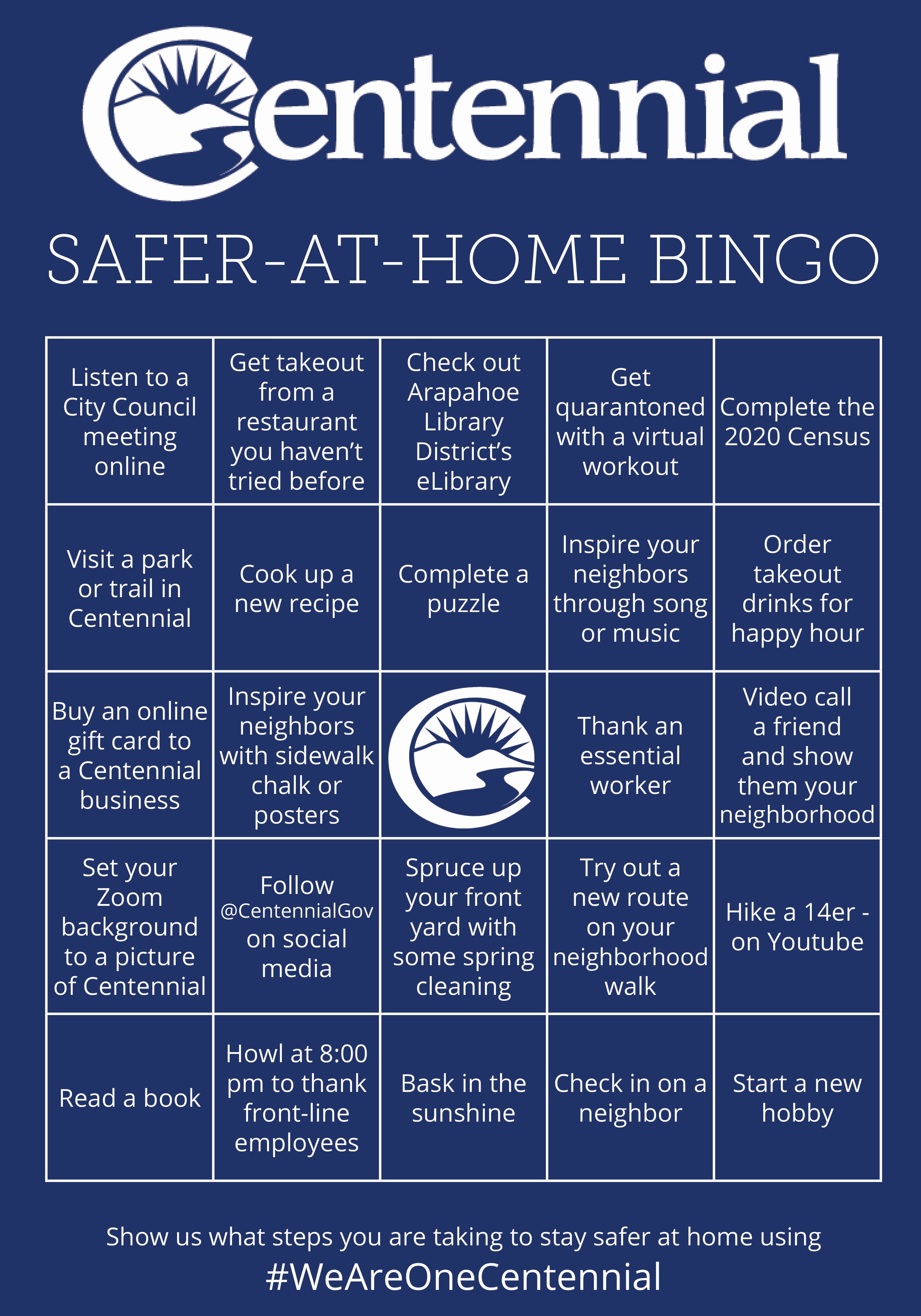 Centennial safer-at-home bingo card image