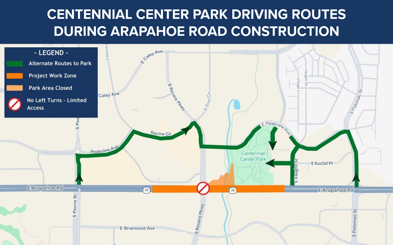 Map of Centennial Center Park driving routes during Arapahoe Road construction