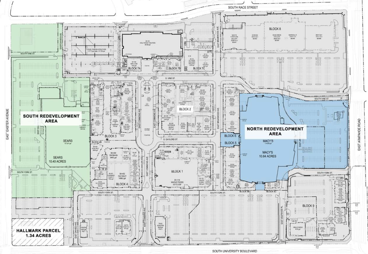 Map of the Streets at Southglenn with the south redevelopment area shaded green and the north redevelopment area shaded blue