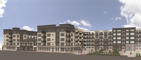 Rendering of the southeast view of a potential Multifamily at the former Macy’s site