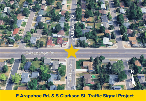 yellow block at Arapahoe & Clarkson showing placement of new signal and green along Clarkson showing bikes lanes