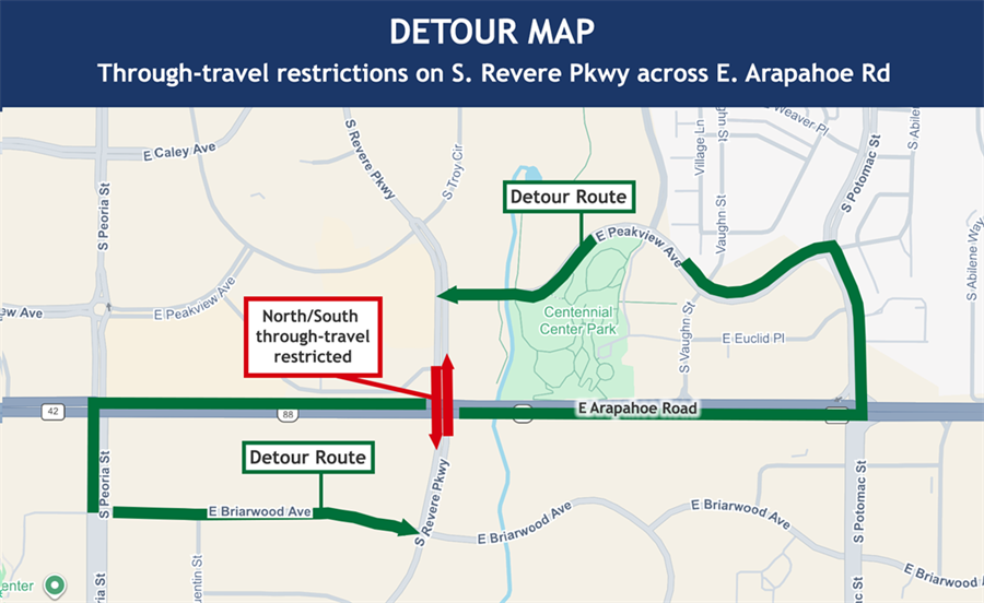 Map showing through-travel restrictions on S. Revere Parkway across E. Arapahoe Road and associated detour routes
