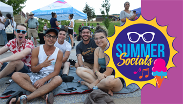 Centennial Summer Socials Event Logo with Image of a group of young adults posing for the camera