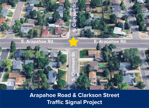 yellow block at Arapahoe & Clarkson showing placement of new signal and green along Clarkson showing bikes lanes