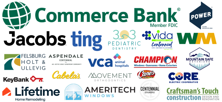 Commerce Bank member FDIC, Jacobs, 303 Pediatric Dentistry, Aspendale Centennial 60+ adult apartment community, Ameritech windows, Waste Management